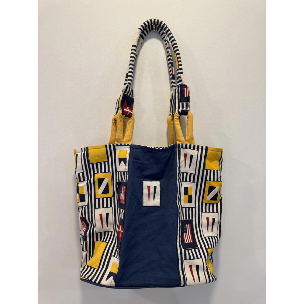 Nautical Americana Canvas Tote Bag with Striped and Flag Motif